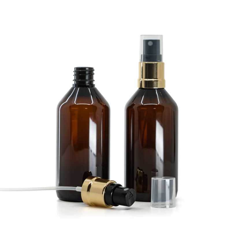 Bottiglia in plastica, ambra, spruzzatore, nero oro, 115 ml