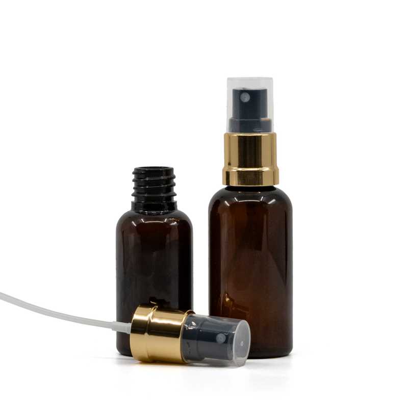 Bottiglia in plastica, ambra, spruzzatore nero e oro, 50 ml