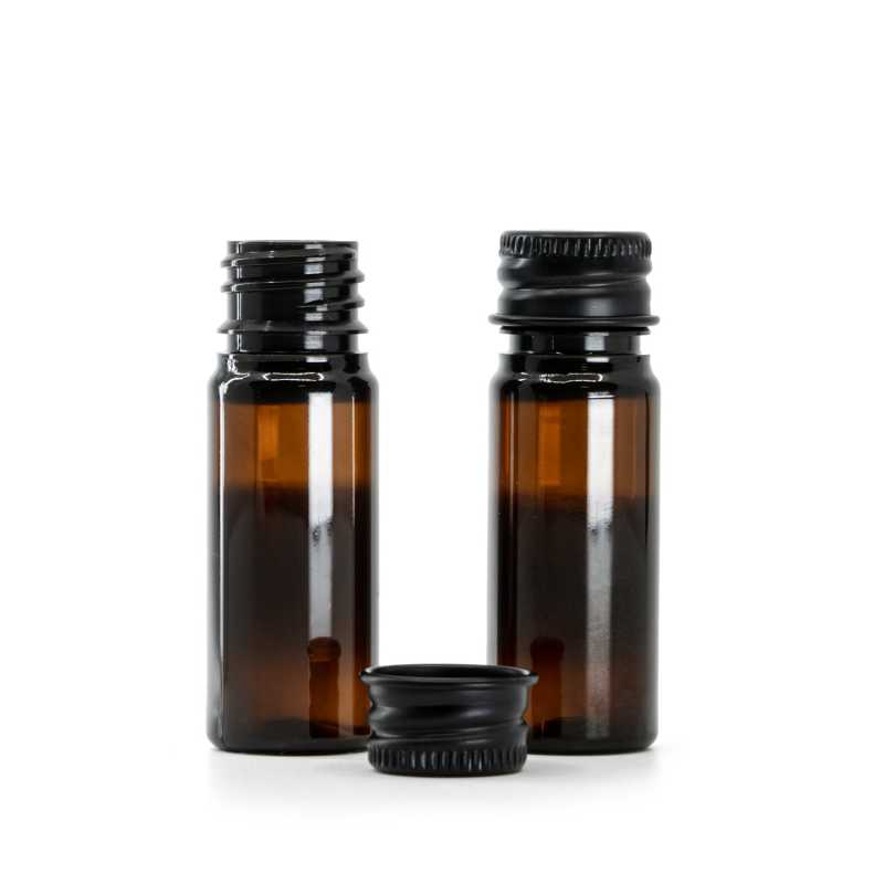 Flacone in plastica ambra, tappo in alluminio nero, 10 ml