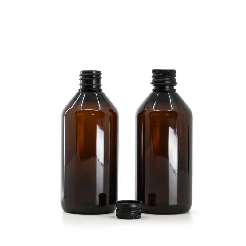 Bottiglia in plastica, ambra, tappo in alluminio nero, 115 ml