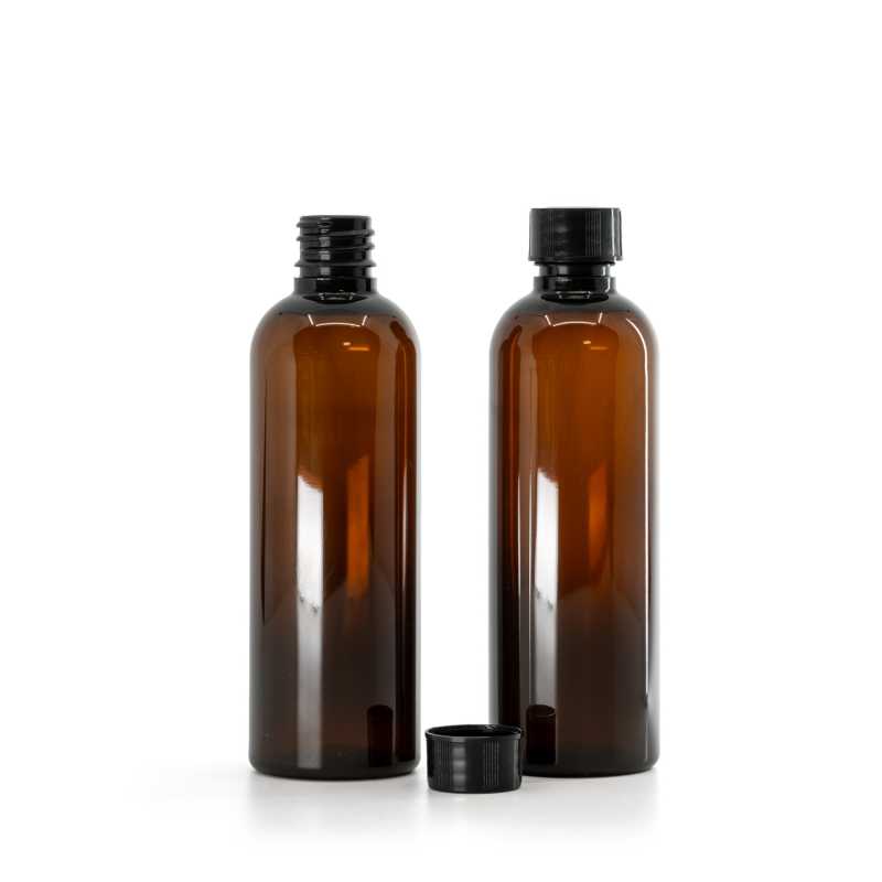 Bottiglia di plastica, ambra, tappo di plastica nero, 100 ml