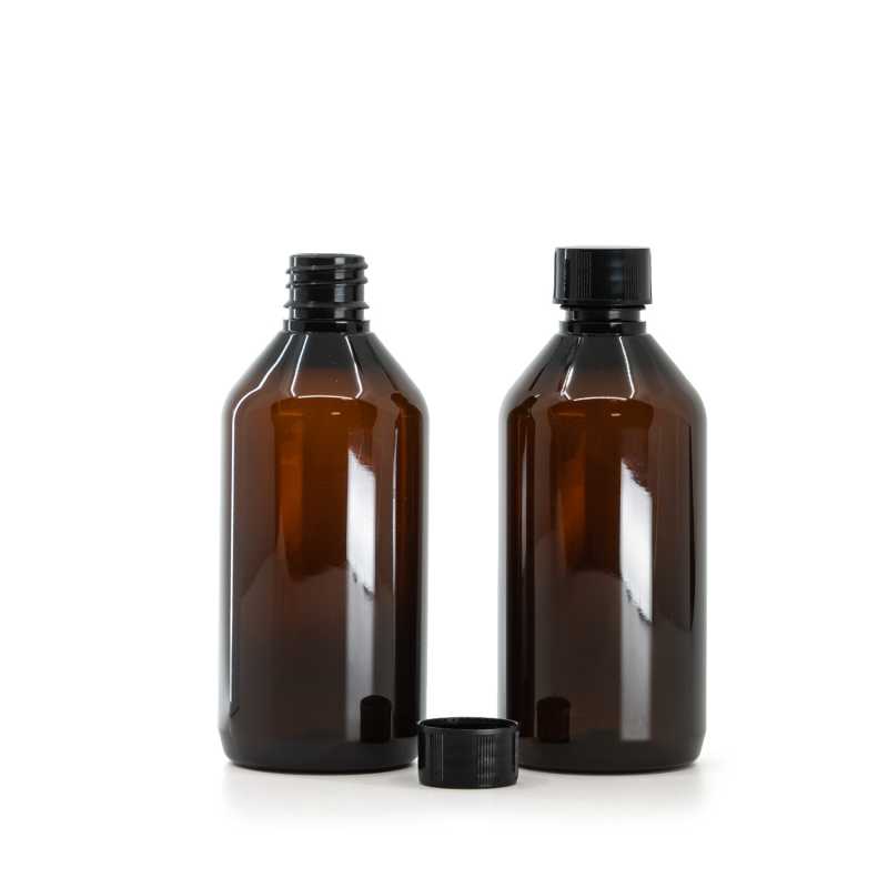 Flacone plastico, ambra, tappo plastico nero, 115 ml