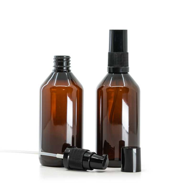 Flacone in plastica ambra, dosatore lozione nero con sovratappo nero, 115 ml