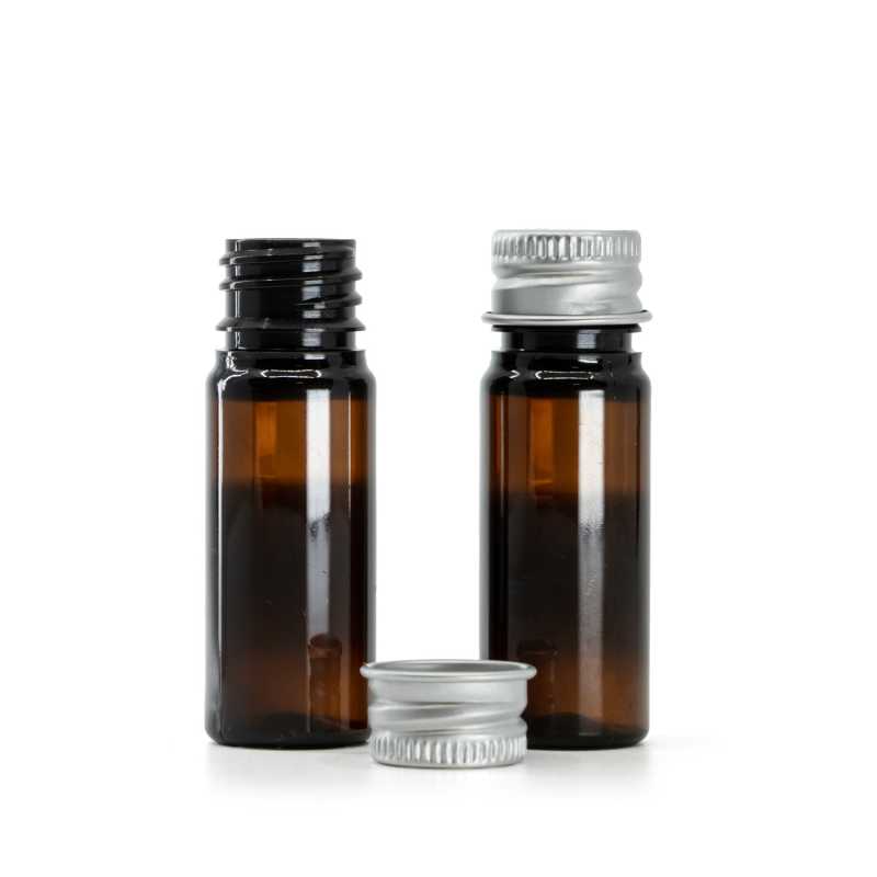 Flacone, plastica, ambrato, tappo in alluminio argento, 10 ml