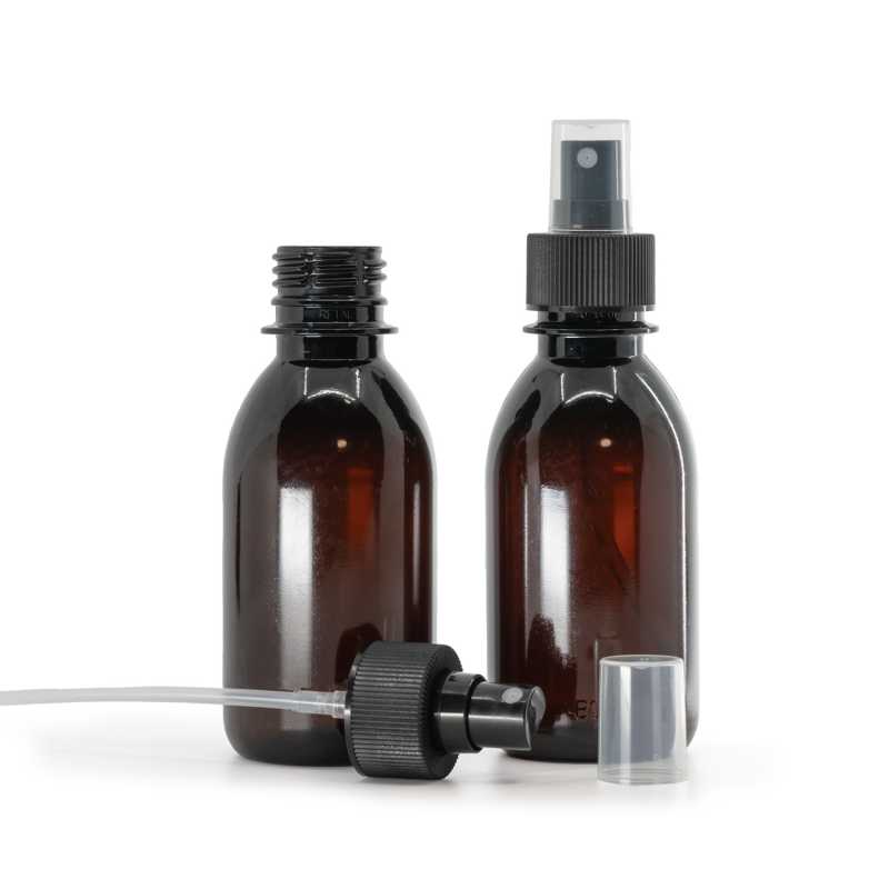Bottiglia di plastica marrone, spruzzatore nero, collare zigrinato, 28/410, 150 ml
