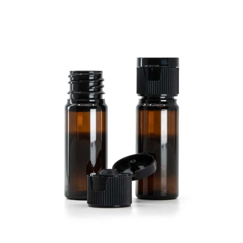 Flacone in plastica, ambra, tappo flip top in plastica, nero, 10 ml
