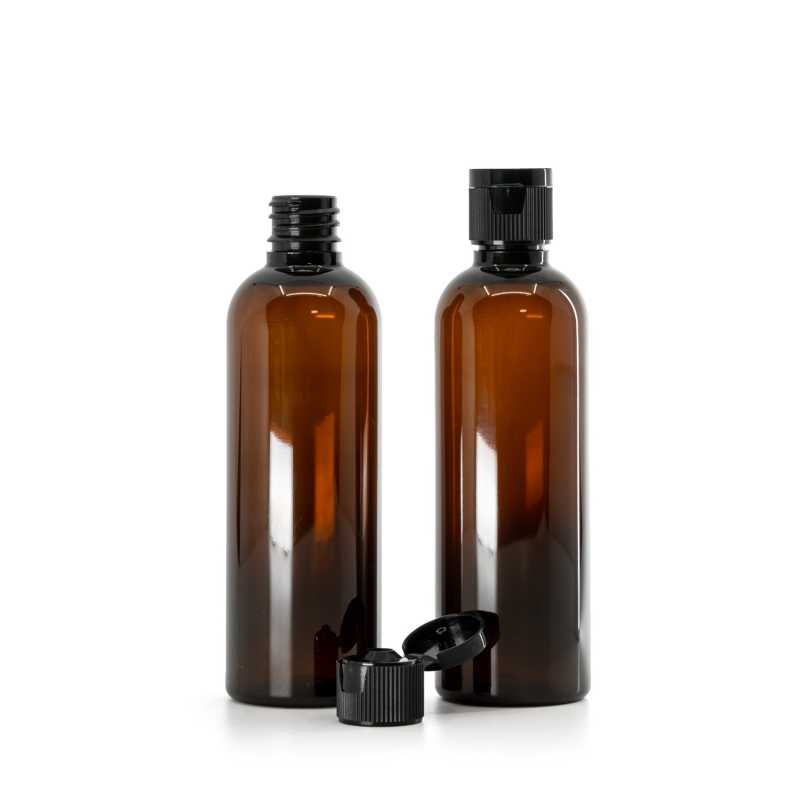 Flacone in plastica, ambra, tappo flip top in plastica, nero, 100 ml