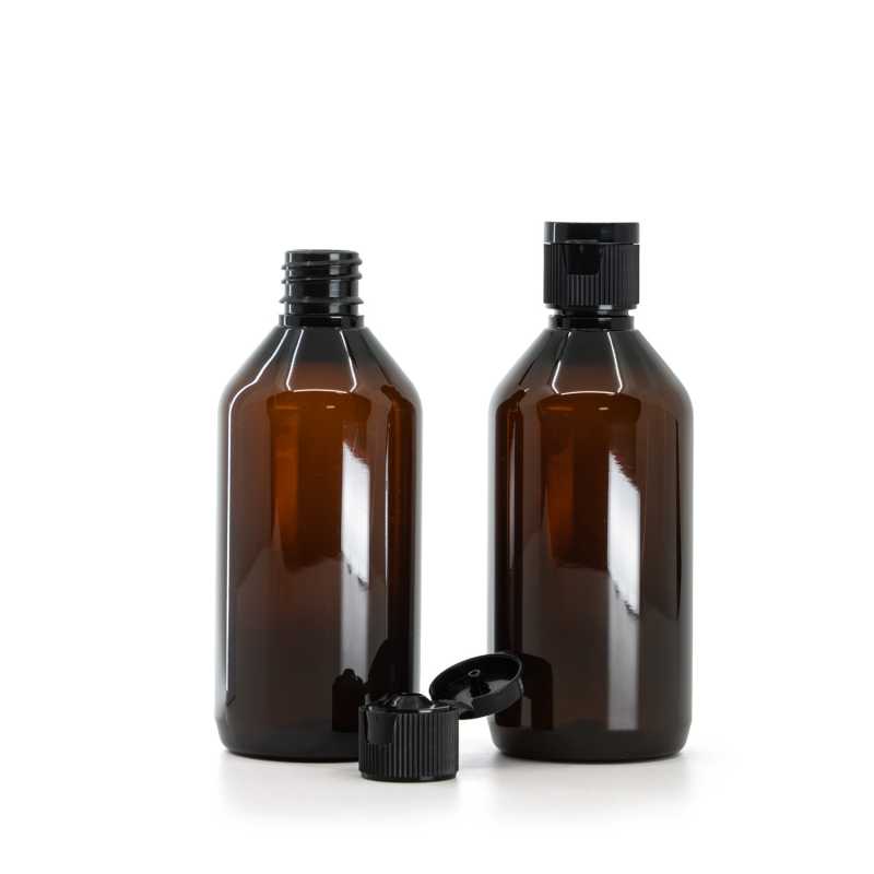 Flacone in plastica, ambra, tappo flip top in plastica, nero, 115 ml