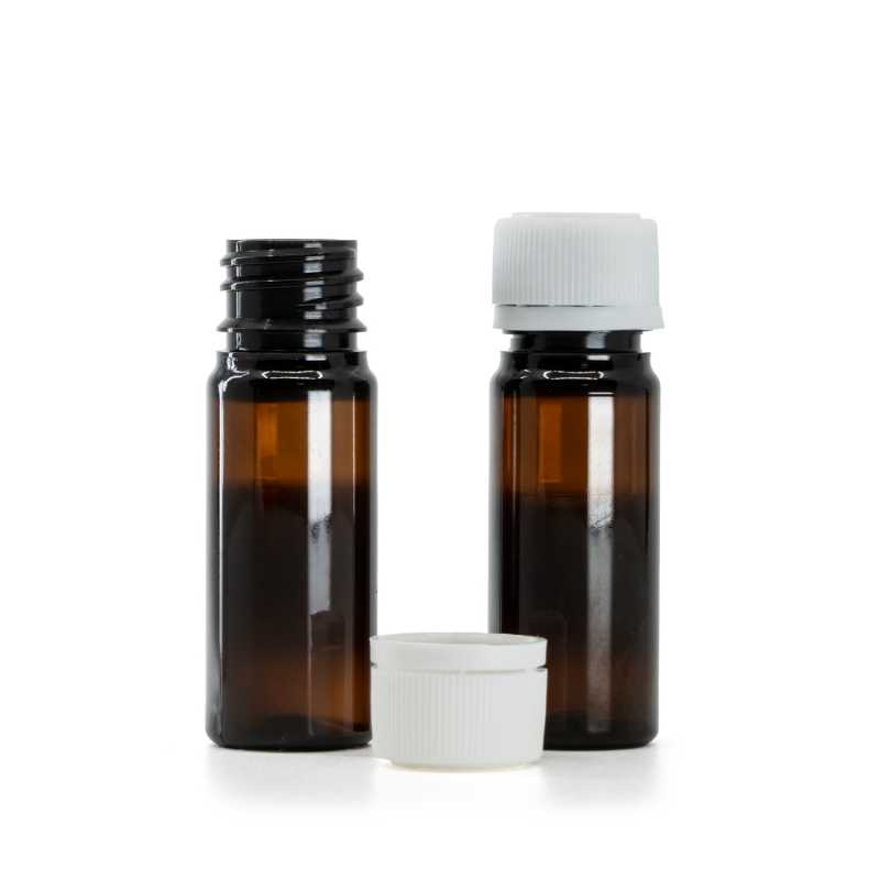Flacone in plastica, ambra, tappo di plastica di sicurezza, zigrinato, 18/410, 10 ml