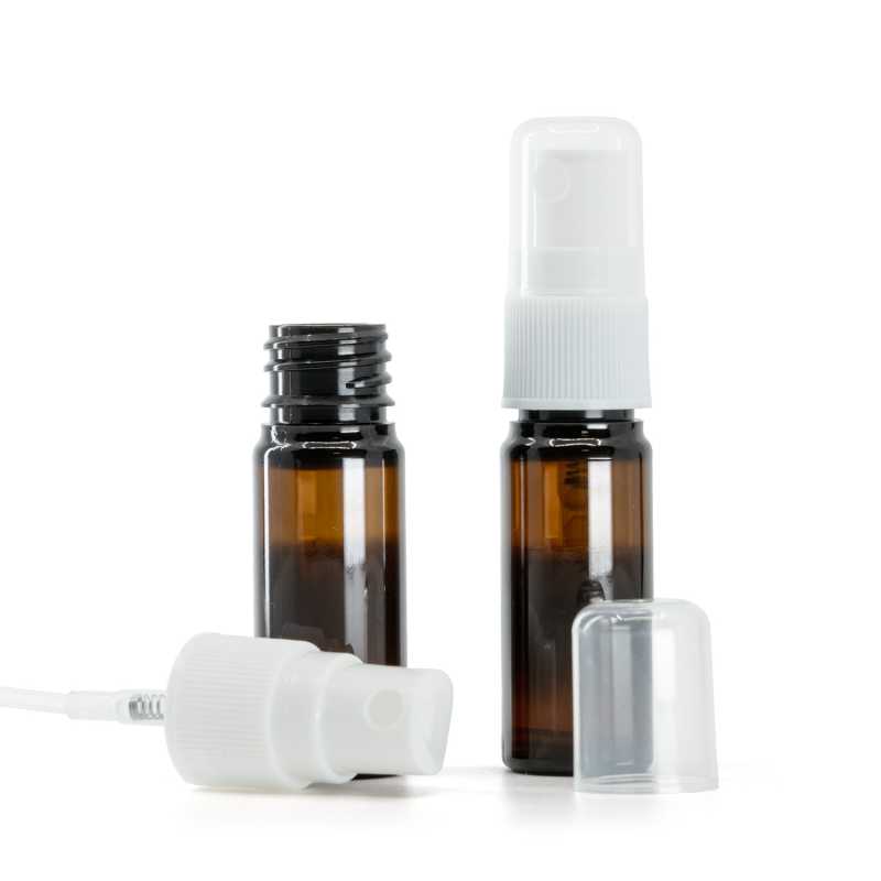 Bottiglia in plastica, ambra, spruzzatore bianco, 10 ml