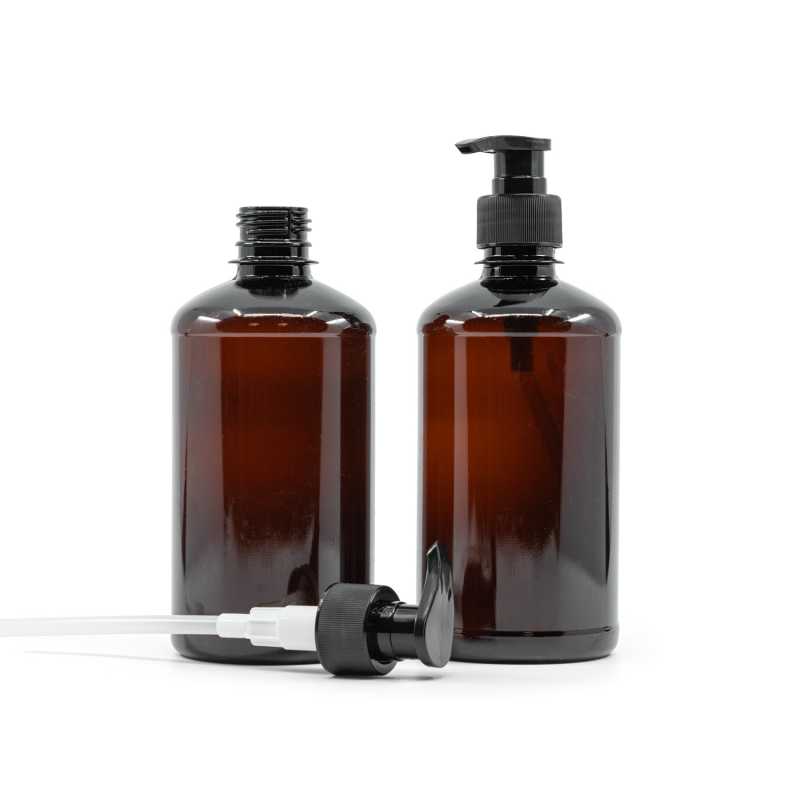 Bottiglia di plastica marrone, pompa in plastica nera, 500 ml
