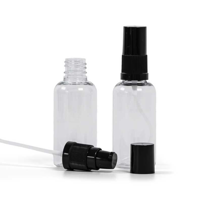 Bottiglia in plastica trasparente, dosatore lozione nero con capsule nera, 50 ml