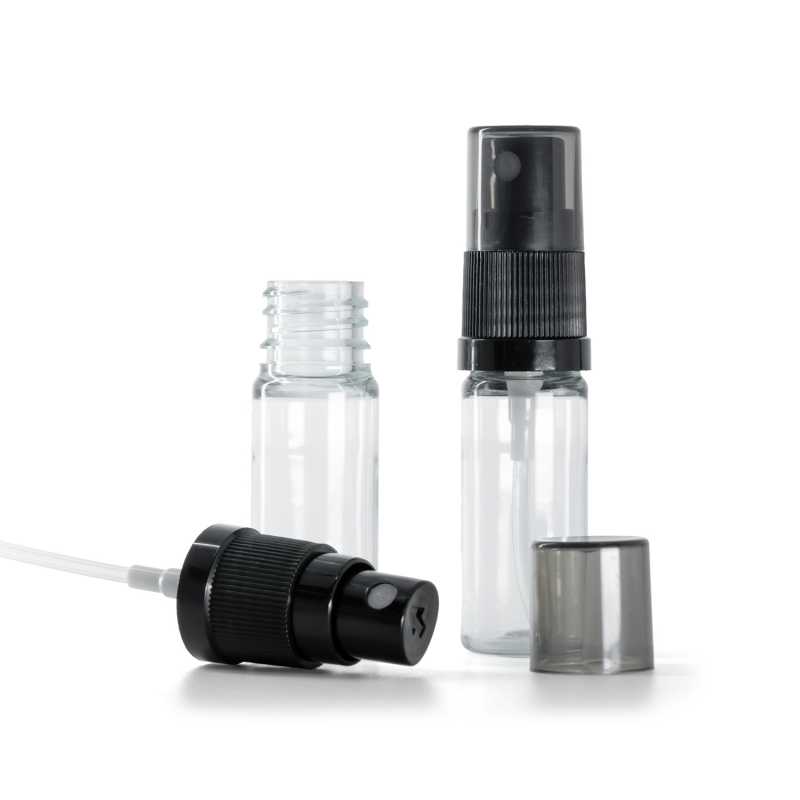 Flacone di plastica trasparente, spruzzatore nero a nebbia fine con sopra-tappo fumé, 10 ml