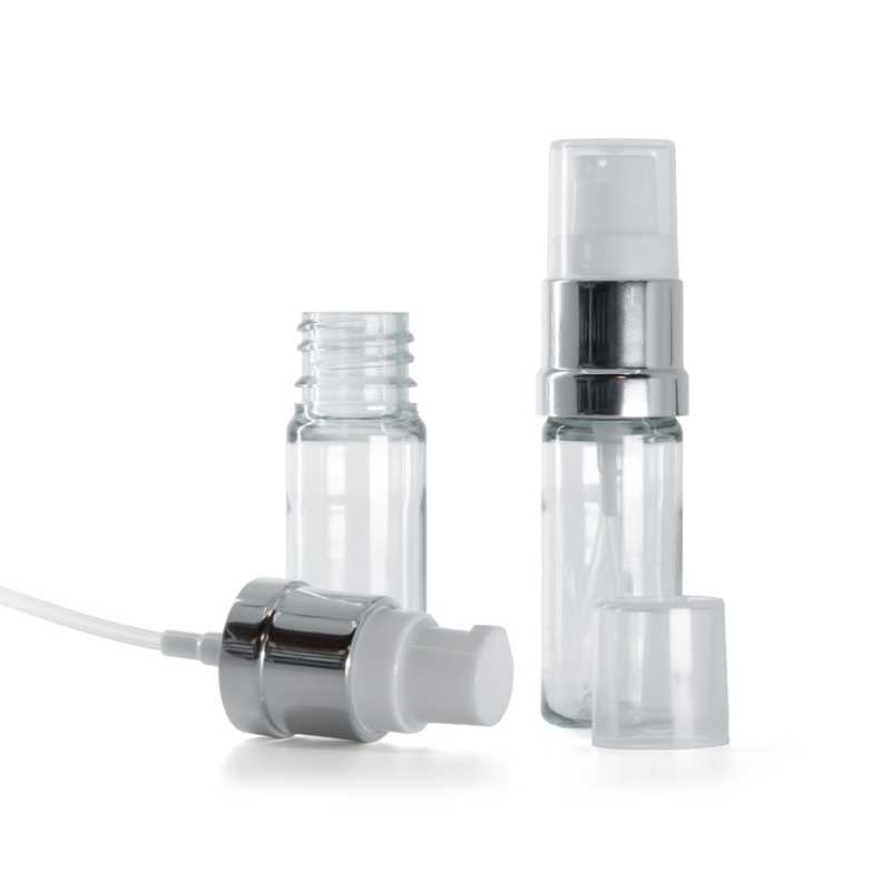Flacone in plastica, trasparente, dosatore bianco argento lucido, 10 ml