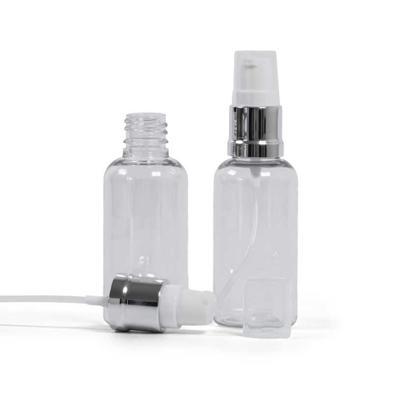 Flacone in plastica, trasparente, dosatore bianco argento lucido, 50 ml