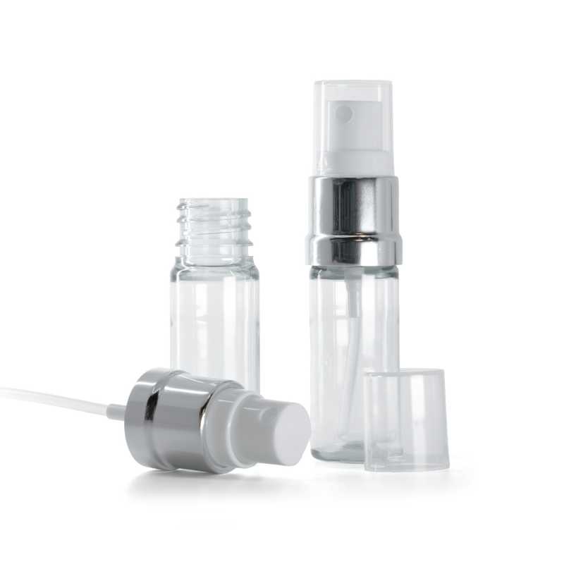 Bottiglia in plastica, trasparente, spruzzatore bianco argento, 10 ml