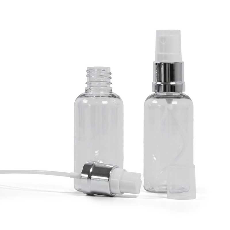 Bottiglia in plastica, trasparente, spruzzatore bianco argento, 50 ml