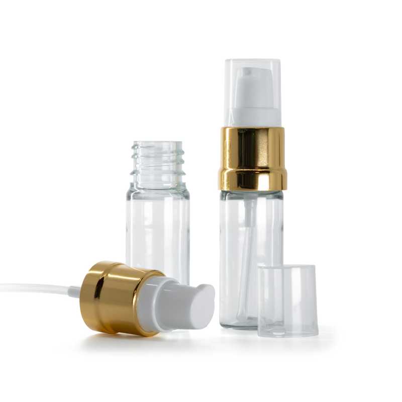 Flacone in plastica, trasparente, dosatore bianco e oro lucido, 10 ml