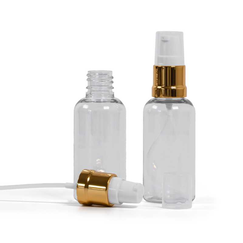 Flacone di plastica, trasparente, dosatore bianco e oro lucido, 50 ml