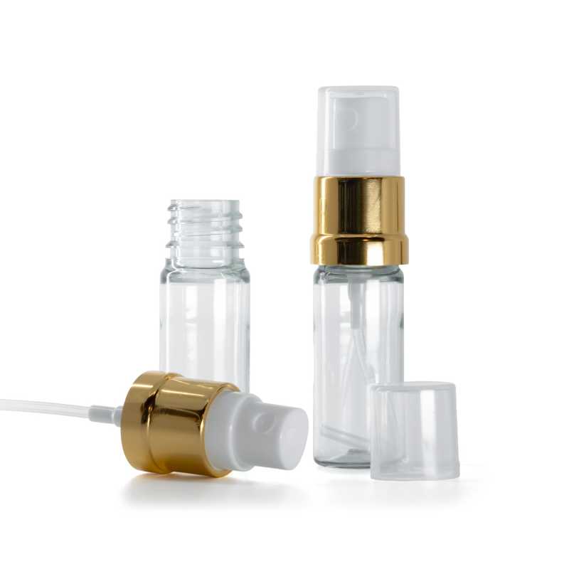 Bottiglia in plastica, trasparente, spruzzatore bianco oro, 10 ml