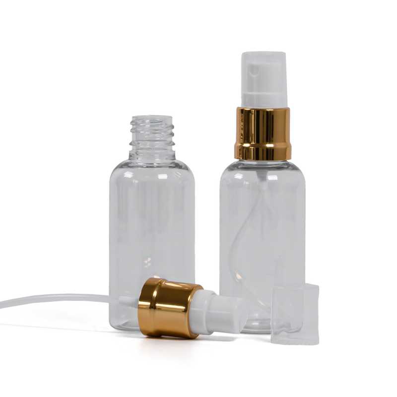 Bottiglia in plastica, trasparente, spruzzatore bianco oro, 50 ml