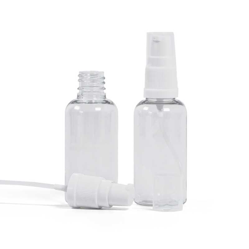 Bottiglia in plastica, trasparente, dosatore lozione bianco, 50 ml