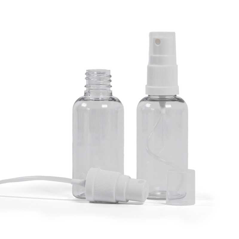 Flacone in plastica, trasparente, spruzzatore bianco, 50 ml