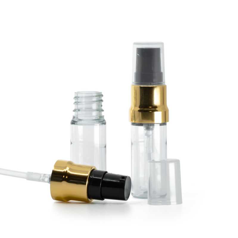 Flacone di plastica trasparente, pompa lucida oro e nera con sopra-tappo trasparente, 10 ml