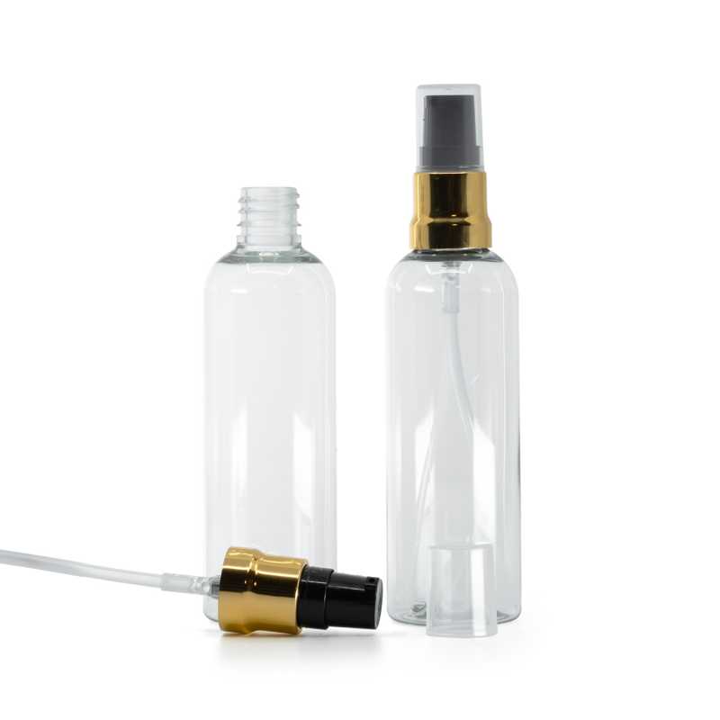 Flacone in plastica, trasparente, dosatore nero e oro lucido, cappuccio trasparente, 100 ml