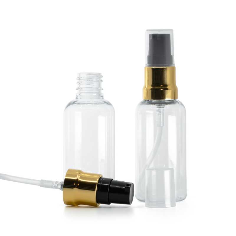 Flacone in plastica, trasparente, dispenser nero e oro lucido, cappuccio trasparente, 50 ml