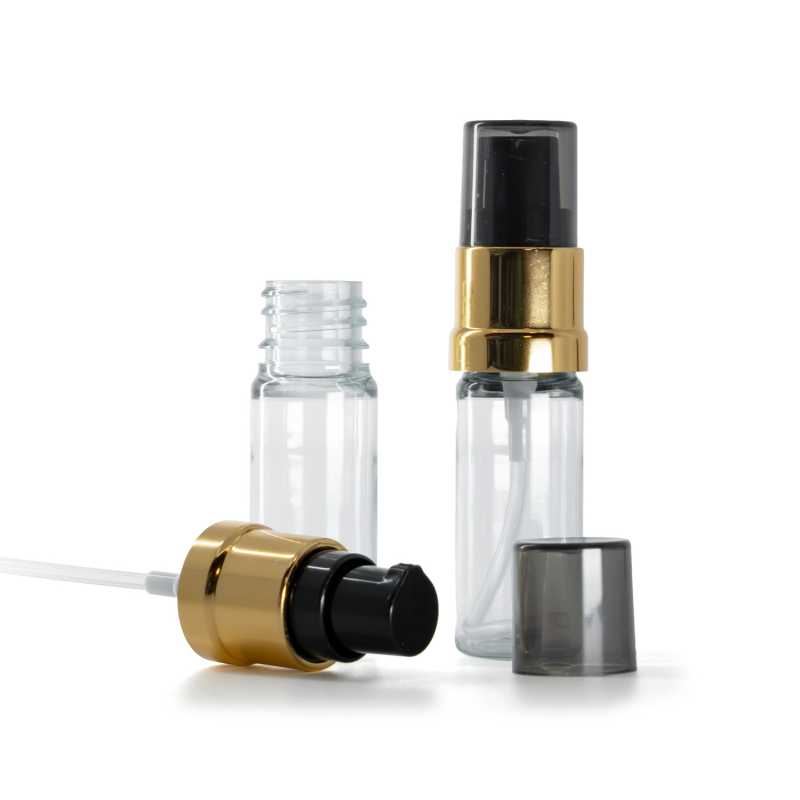 Flacone di plastica trasparente, pompa nero-oro lucida con sopra-tappo fumé, 10 ml