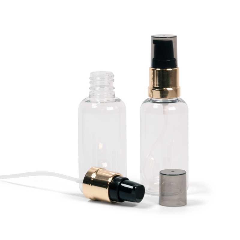 Flacone di plastica trasparente, pompa nera e dorata lucida con sopra-tappo fumé, 50 ml