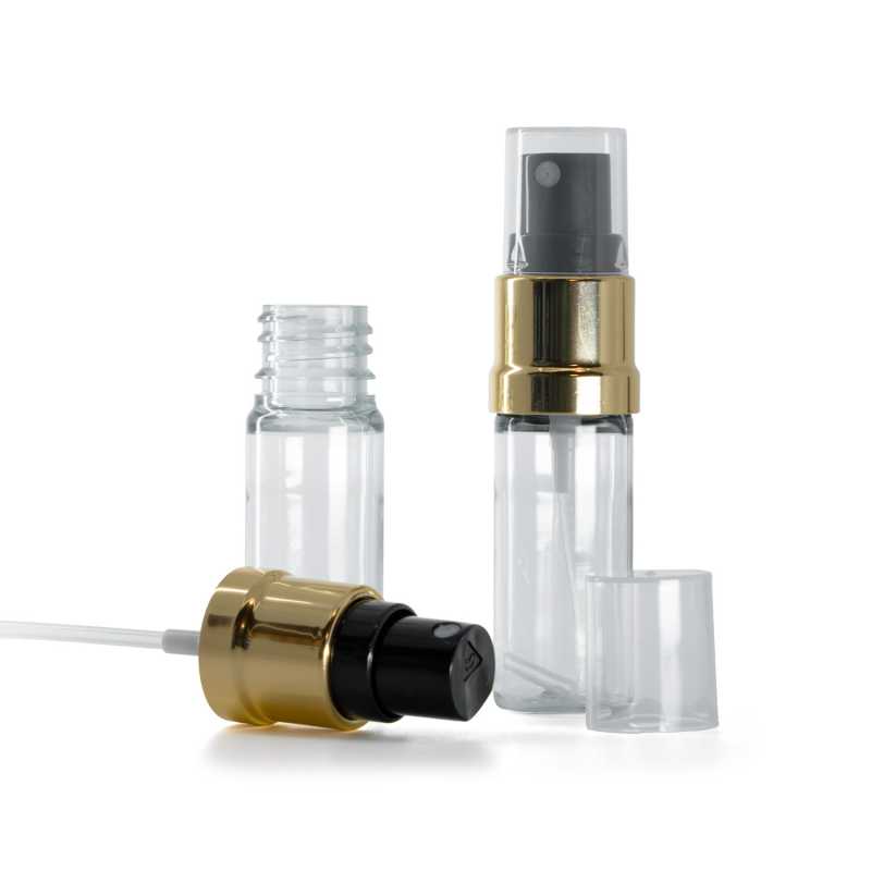 Flacone in plastica, trasparente, spruzzatore nero oro, 10 ml