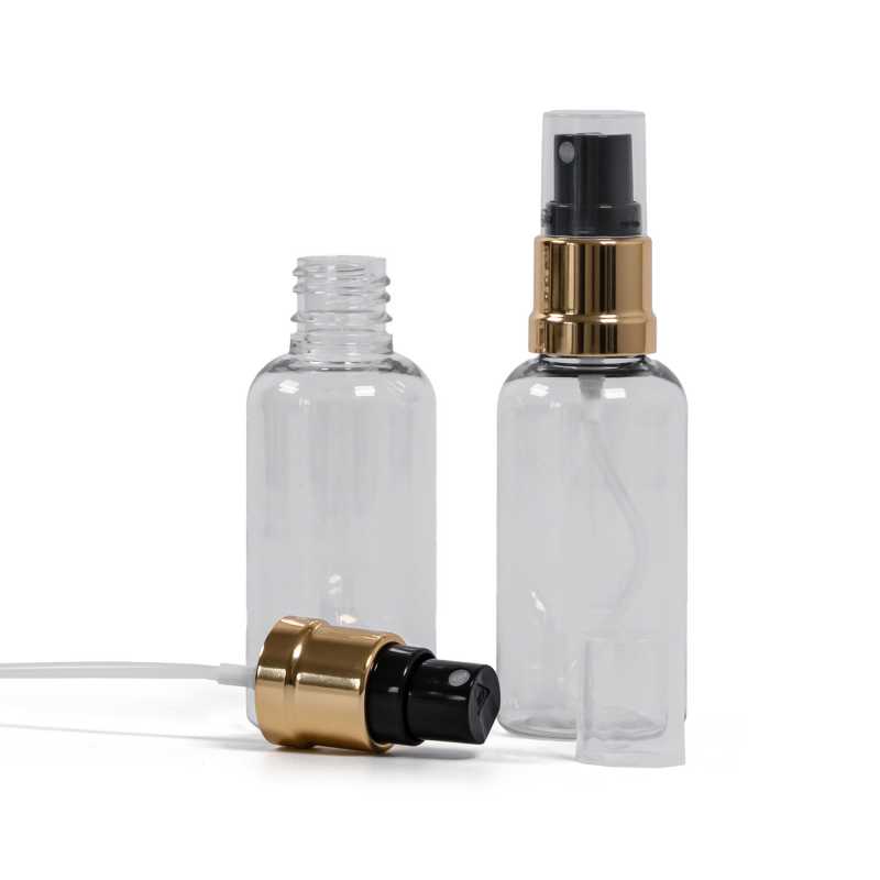 Bottiglia in plastica, trasparente, spruzzatore nero oro, 50 ml