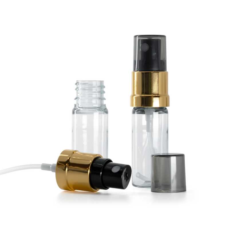 Flacone di plastica trasparente, spruzzatore nero e oro, sopra-tappo fumé, 10 ml
