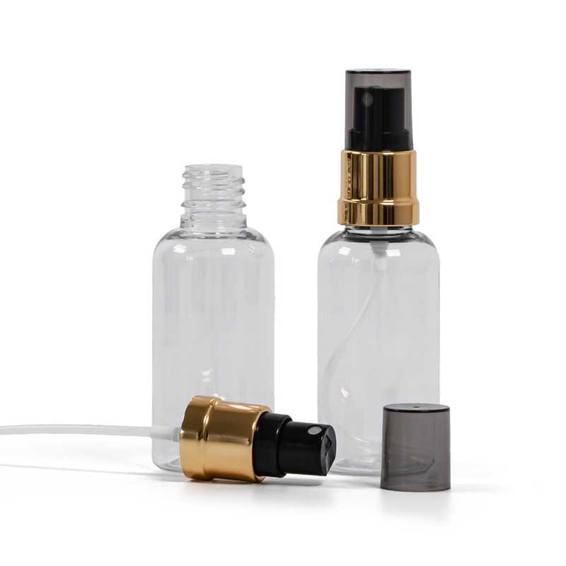 Flacone di plastica trasparente, spruzzatore nero e dorato, sopra-tappo fumé, 50 ml