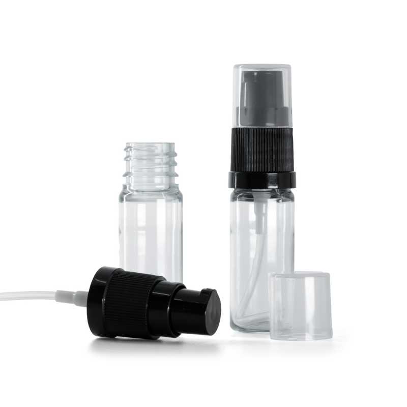 Bottiglia in plastica, trasparente, dosatore lozione nero, 10 ml