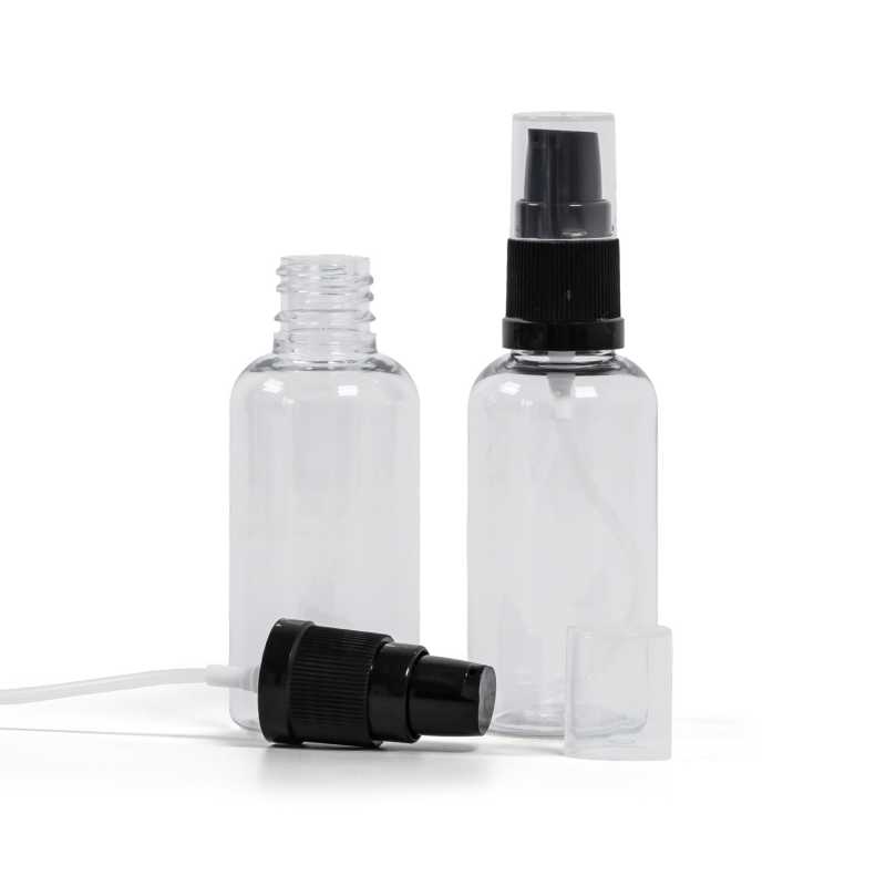 Flacone in plastica, trasparente, dosatore lozione nero, 50 ml