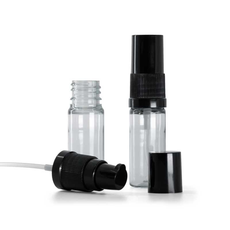 Flacone in plastica, trasparente, dosatore lozione nero con cappuccio nero, 10 ml