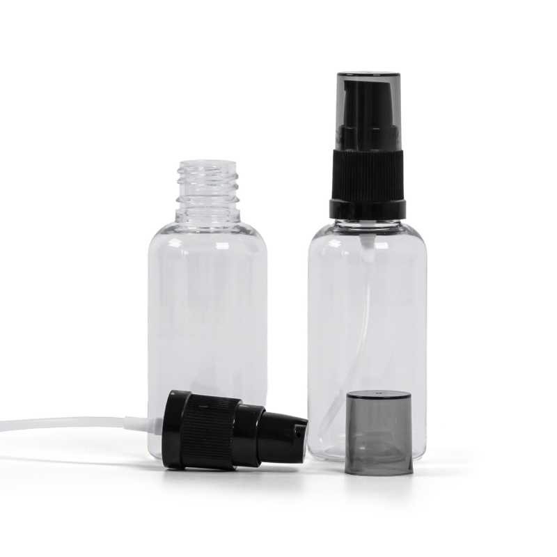 Flacone di plastica trasparente, dosatore di crema nero con sopra-tappo fumé, 50 ml