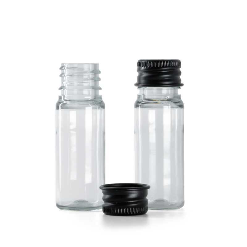 Flacone in plastica, trasparente, tappo in alluminio nero, 10 ml