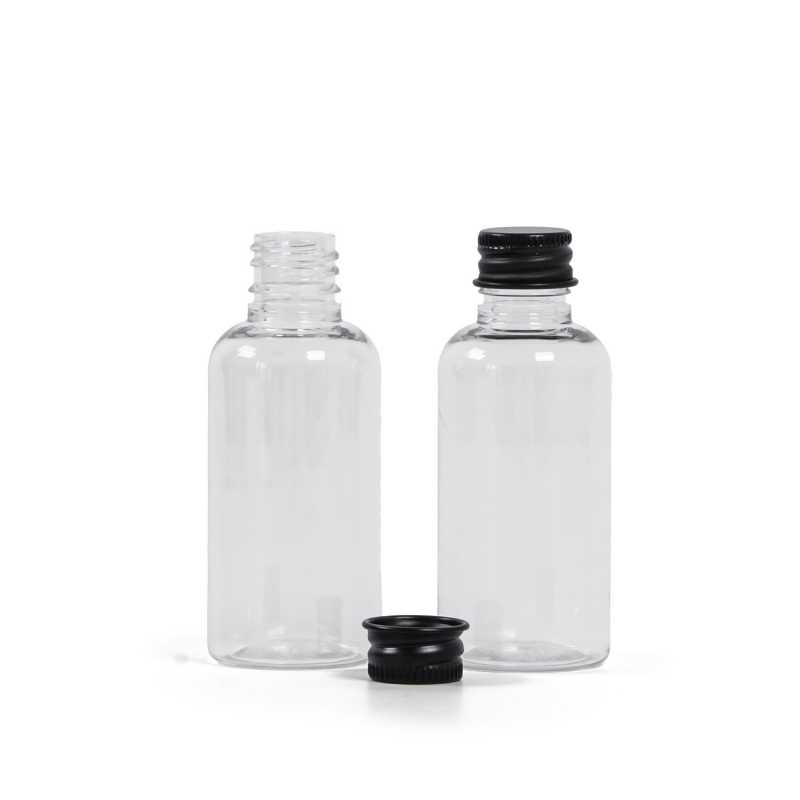 Bottiglia in plastica, trasparente, tappo in alluminio nero, 50 ml