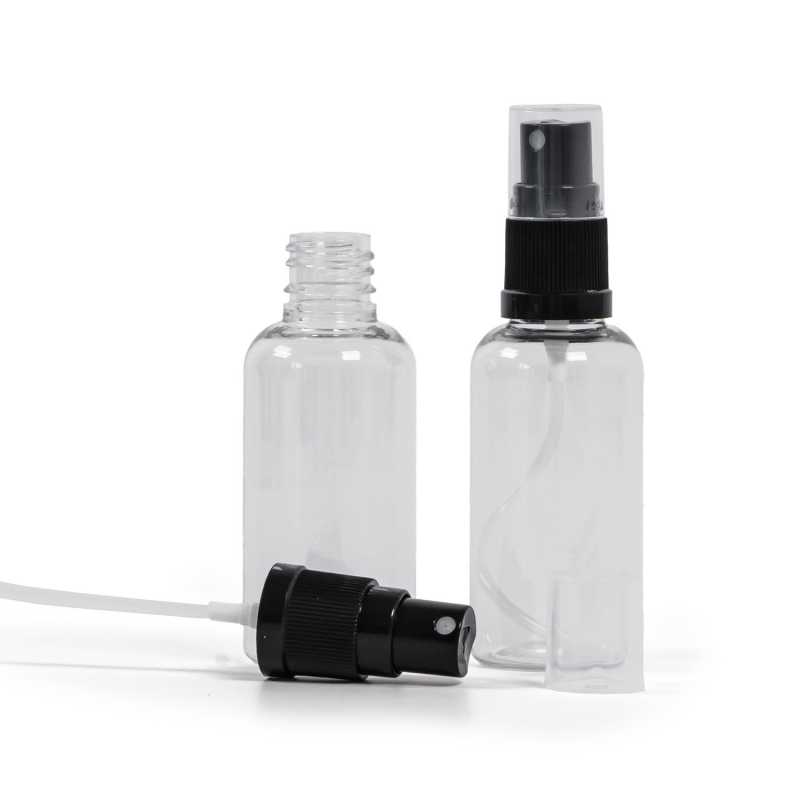 Flacone di plastica, trasparente, spruzzatore nero, 50 ml