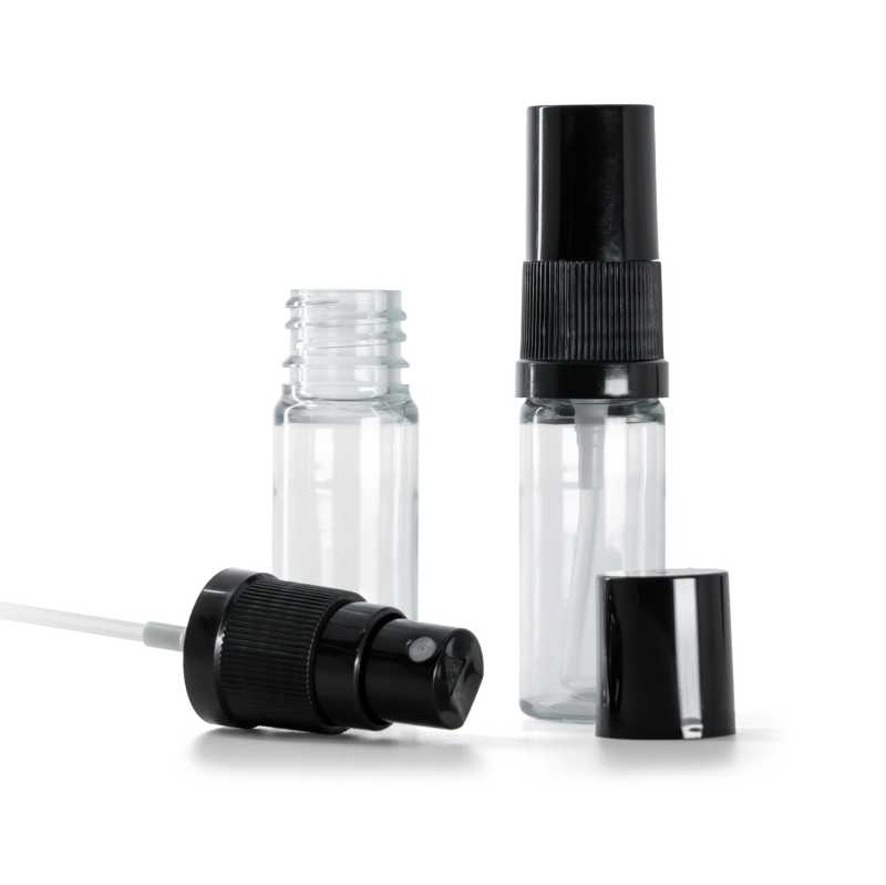 Flacone in plastica, trasparente, spruzzatore a bruma fine nero, tappo nero, 10 ml