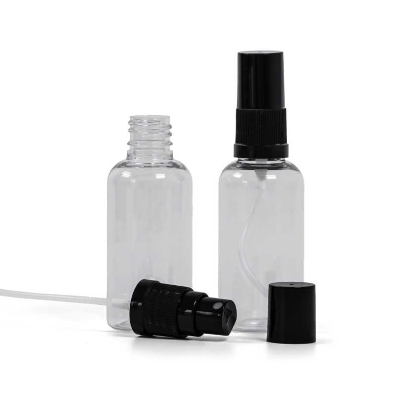 Bottiglia in plastica, trasparente, spruzzatore, nero, cappuccio, nero, 50 ml