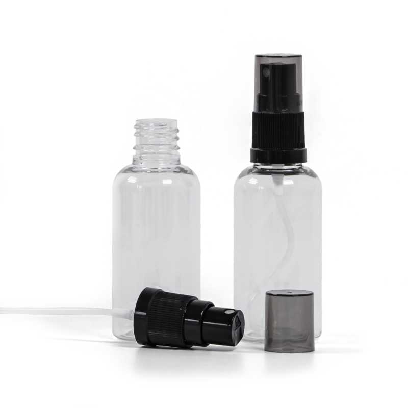 Flacone di plastica trasparente, spruzzatore nero, sopra-tappo fumé, 50 ml