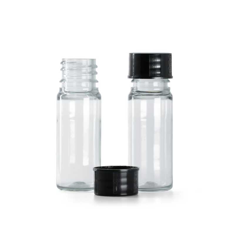 Flacone di plastica, trasparente, tappo nero, 10 ml