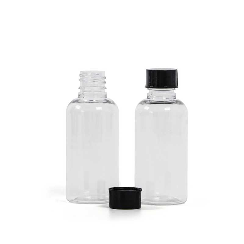 Flacone in plastica, trasparente, tappo nero, 50 ml