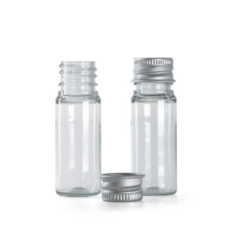 Flacone, plastica, trasparente, tappo in alluminio, 10 ml