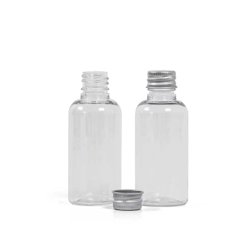 Flacone in plastica, trasparente, tappo in alluminio argento, 50 ml